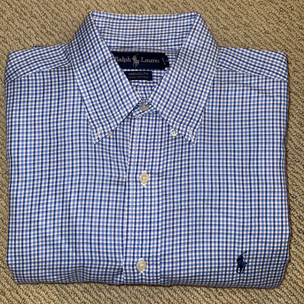 Ralph Lauren Blue‎ Checkered Men's Shirt: Yarmouth 100% Cotton